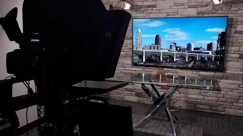 Video production studio with 4K cameras and teleprompter